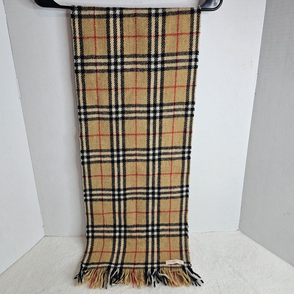 Burberrys Woven Wool Plaid Fringe Rectangle Scarf Beige Black Red White